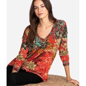 Johnny Was Ikat Patch Favorite Long Sleeve v neck Swing Tee